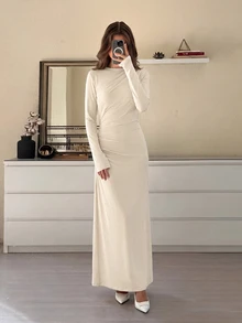 Firerie 女款優雅正式辦公通勤休閒度假派對復古教師秋季網紗素色圓領腰部打褶A字長袖長版洋裝，淺黃色 - 卡其色 - 查看 6