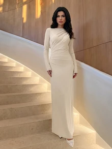 Firerie 女款優雅正式辦公通勤休閒度假派對復古教師秋季網紗素色圓領腰部打褶A字長袖長版洋裝，淺黃色 - 卡其色 - 查看 5