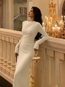 Firerie 女款優雅正式辦公通勤休閒度假派對復古教師秋季網紗素色圓領腰部打褶A字長袖長版洋裝，淺黃色 - 卡其色 - 查看 9