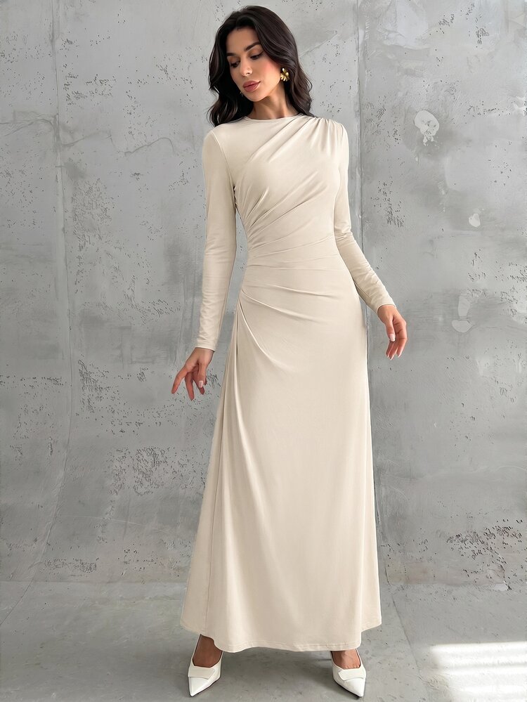 Firerie Women's Elegant Boho Formal Office Commute Casual Teachers' Day Party Vintage Teacher Autumn Mesh Solid Color Round Neck Waist Pleated A-Line Dress - Khaki - View 3