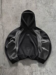 AXEPEAK 美式解構曲面開衩休閒度假運動學院風連帽衛衣 - 黑色 - 查看 2