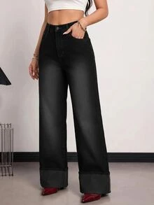SHEIN PETITE 女款時尚百搭高腰直筒牛仔褲 秋季外出穿著 炭灰色休閒街頭風 - 黑色 - 查看 5