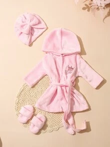 SHEIN 新生女嬰攝影浴袍套裝，附配套頭巾帽與迷你拖鞋，嬰兒拍照服飾，愛心刺繡，新生兒拍照道具，秋季款 - 粉色 - 查看 1