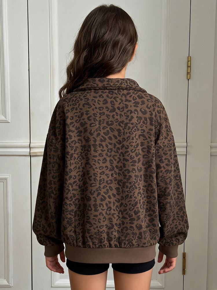 Tween Girls Vintage Maillard Color Leopard Print Half-Zip Drop Shoulder Sweatshirt, Street Retro Style, Casual Comfortable, Children's Autumn Layering, Y2K, Sportswear, Outings, Street Style, Campus, Chill Chill - Multicolor - View 4