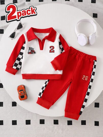 SHEIN Toddler Boy Polo Sweatshirt Sweatpants Red White Checkered Racing Patchwork Long Sleeve Lapel Collar Family Matching Fall Jogging Autumn