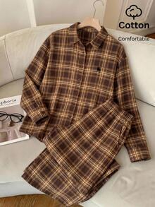 Comfortcana Women's Plaid Casual Single-Breasted Shirt And Pocket Trousers 2 Pieces Set - Brown - View 11
