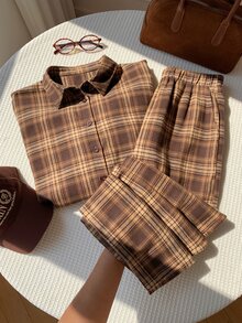 Comfortcana Women's Plaid Casual Single-Breasted Shirt And Pocket Trousers 2 Pieces Set - Brown - View 8