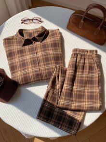 Comfortcana Women's Plaid Casual Single-Breasted Shirt And Pocket Trousers 2 Pieces Set - Brown - View 6