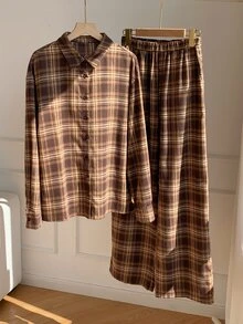 Comfortcana Women's Plaid Casual Single-Breasted Shirt And Pocket Trousers 2 Pieces Set - Brown - View 7