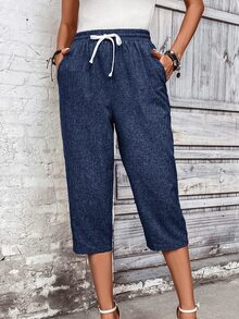 EMERY ROSE Women's Casual Vacation Drawstring Waist Tapered Cropped Pants Vacation Holiday Home Navy Blue Summer - Navy Blue - View 2
