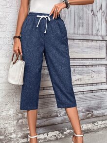 EMERY ROSE Women's Casual Vacation Drawstring Waist Tapered Cropped Pants Vacation Holiday Home Navy Blue Summer - Navy Blue - View 4