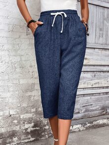 EMERY ROSE Women's Casual Vacation Drawstring Waist Tapered Cropped Pants Vacation Holiday Home Navy Blue Summer - Navy Blue - View 5