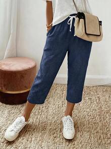 EMERY ROSE Women's Casual Vacation Drawstring Waist Tapered Cropped Pants Vacation Holiday Home Navy Blue Summer - Navy Blue - View 1