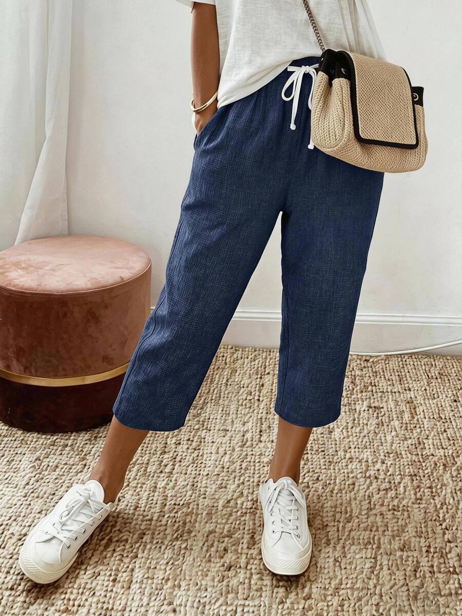 EMERY ROSE Women's Casual Vacation Drawstring Waist Tapered Cropped Pants Vacation Holiday Home Navy Blue Summer - Navy Blue - View 1