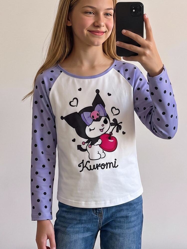 Maija Kids HELLO KITTY AND FRIENDS | SHEIN Maija Kids 1件 青少年女孩休閒優雅可愛細緻舒適針織卡通圖案紫色圓點拼接落肩長袖套頭T恤，適合返校、外出、休閒活動，秋冬穿著 - 紫色 - 查看 6