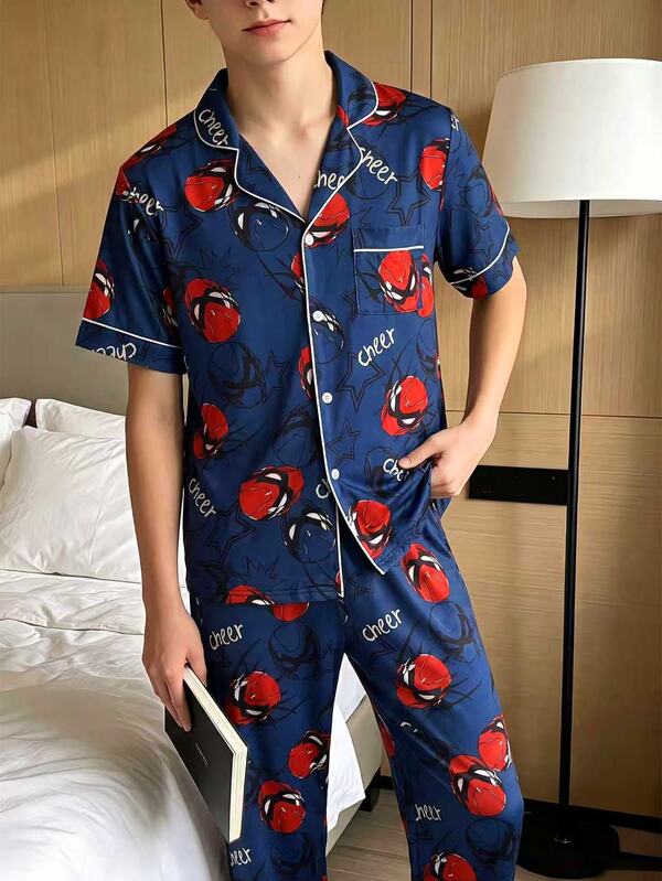 Conjunto de pantalones largos y camisa de manga corta con cuello abierto y estampado para adolescentes, ropa de estar en casa casual y cómoda