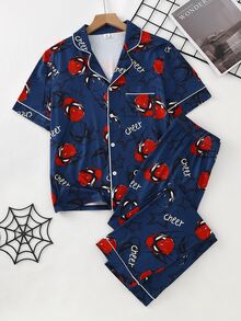 Teen Boys Print Short Sleeve Open Front Collar Long Pants Set, Casual Comfortable Loungewear - Multicolor - View 3