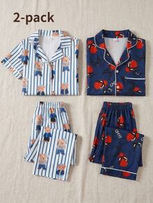 Teen Boys Print Short Sleeve Open Front Collar Long Pants Set, Casual Comfortable Loungewear - Multicolor - View 8