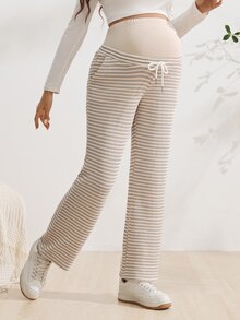 SHEIN 孕婦拼接抽繩彈性白色內搭褲 產前性別揭曉 冬季簡約 拍照 職場休閒可愛 - 杏色 - 查看 5