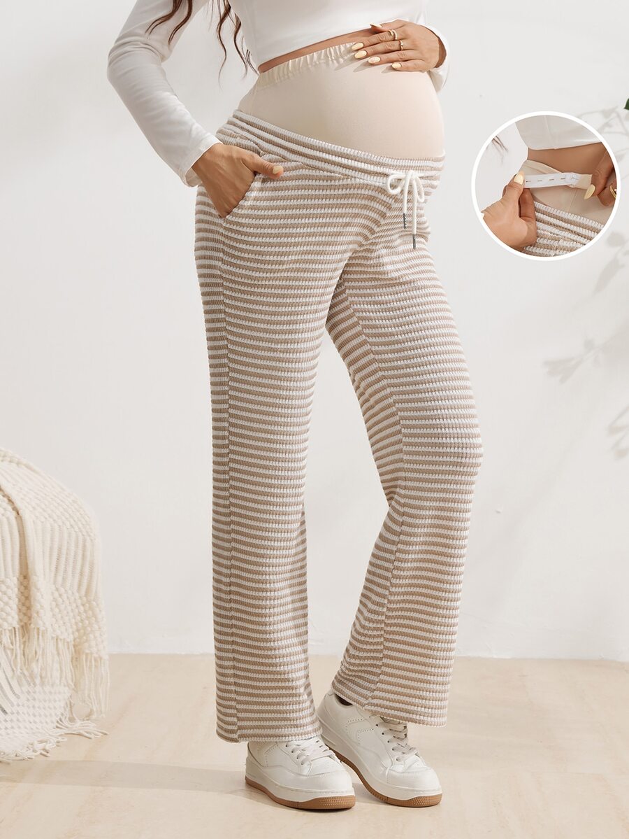 SHEIN 孕婦拼接抽繩彈性白色內搭褲 產前性別揭曉 冬季簡約 拍照 職場休閒可愛 - 杏色 - 查看 1