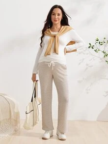 SHEIN 孕婦拼接抽繩彈性白色內搭褲 產前性別揭曉 冬季簡約 拍照 職場休閒可愛 - 杏色 - 查看 6
