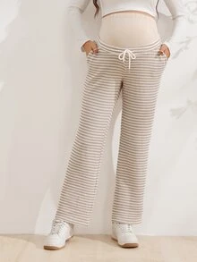 SHEIN 孕婦拼接抽繩彈性白色內搭褲 產前性別揭曉 冬季簡約 拍照 職場休閒可愛 - 杏色 - 查看 4