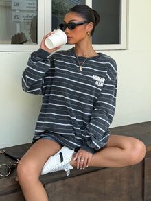 Muchica 女款黑灰條紋套頭運動衫，白色拼色字母印花，基本款長袖復古休閒街頭風，現代圖案日常穿搭 - 黑色 - 查看 6
