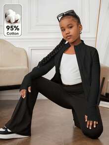 SHEIN Tween Girl Solid Color Zipper Casual Versatile Daily Travel Long Sleeve Jacket - Multicolor - View 4