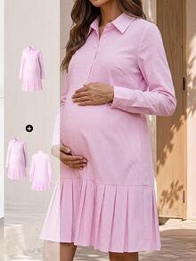 SHEIN Gaun Hamil Lengan Panjang Kerah Depan Kancing Lipat Potongan A-Line Warna Putih untuk Pemotretan Musim Gugur Elegan Kasual Formal - Berwarna merah muda - View 9