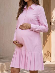 SHEIN Gaun Hamil Lengan Panjang Kerah Depan Kancing Lipat Potongan A-Line Warna Putih untuk Pemotretan Musim Gugur Elegan Kasual Formal - Berwarna merah muda - View 6