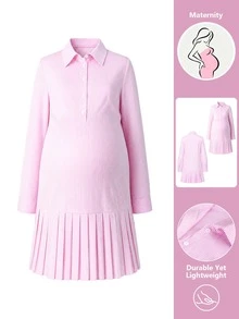 SHEIN Gaun Hamil Lengan Panjang Kerah Depan Kancing Lipat Potongan A-Line Warna Putih untuk Pemotretan Musim Gugur Elegan Kasual Formal - Berwarna merah muda - View 8