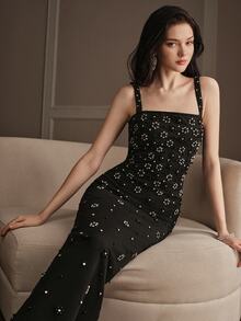 Anewsta Women's Beaded Decor Fitted Elegant Spaghetti Strap Evening Dress - Black - View 5