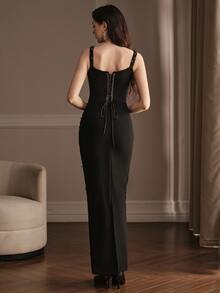 Anewsta Women's Beaded Decor Fitted Elegant Spaghetti Strap Evening Dress - Black - View 6