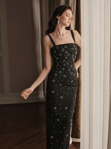 Anewsta Women's Beaded Decor Fitted Elegant Spaghetti Strap Evening Dress - Black - View 4