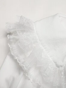 SHEIN Tween Girl Tween Girl Large Collar Lace Trim Beaded Peter Pan Collar Long Sleeve Textured Blouse - White - View 3
