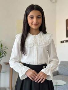 SHEIN Tween Girl Tween Girl Large Collar Lace Trim Beaded Peter Pan Collar Long Sleeve Textured Blouse - White - View 1