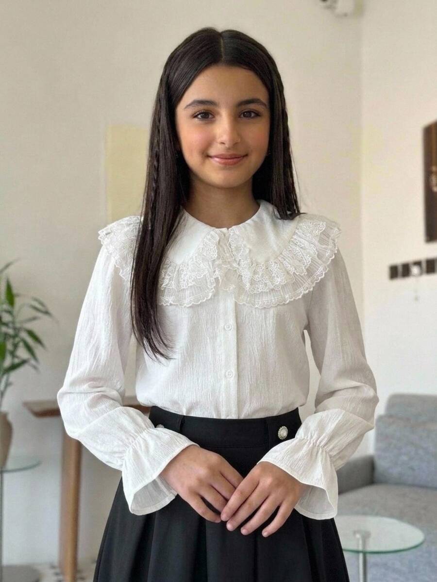 SHEIN Tween Girl Tween Girl Large Collar Lace Trim Beaded Peter Pan Collar Long Sleeve Textured Blouse - White - View 1