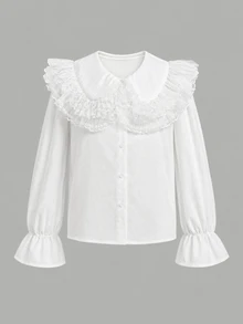 SHEIN Tween Girl Tween Girl Large Collar Lace Trim Beaded Peter Pan Collar Long Sleeve Textured Blouse - White - View 5
