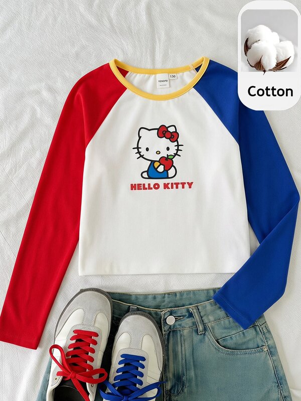 Maija Kids HELLO KITTY AND FRIENDS | SHEIN Maija Kids 1件少女休閒優雅可愛精緻舒適針織卡通圖案紅白藍拼接插肩袖長袖套頭T恤，適合返校、外出、休閒活動，秋冬穿著