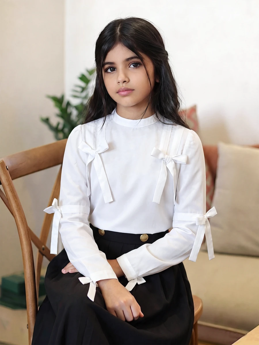 SHEIN TweenGirl 女孩上衣,適合前青春期女孩的優雅襯衫,青少年女孩正式上衣,女孩服飾,校服,白色上衣,返校季 - 白色 - 查看 1