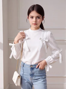 SHEIN TweenGirl 女孩上衣，適合前青春期女孩的優雅襯衫，青少年女孩正式上衣，女孩服飾，校服，白色上衣，返校季 - 白色 - 查看 2