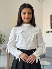 SHEIN TweenGirl 女孩上衣，適合前青春期女孩的優雅襯衫，青少年女孩正式上衣，女孩服飾，校服，白色上衣，返校季 - 白色 - 查看 6