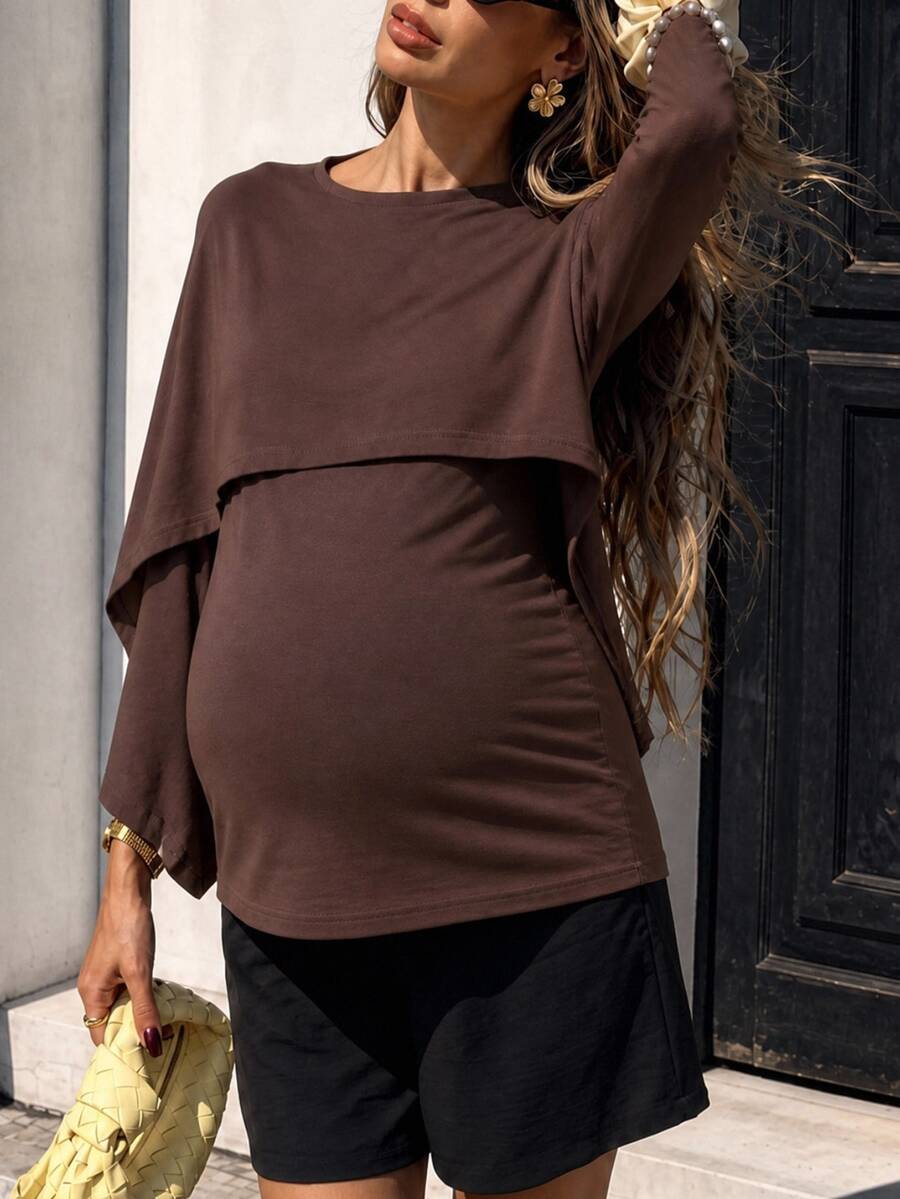 Momance Top de maternidad elegante de manga larga color marrón, cuello de chal con hombros descubiertos, ajuste ceñido, tela elástica para barriga de embarazada, estilo minimalista elegante, adecuado para uso diario y citas - Marrón - Ver 1