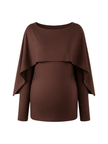 Momance Top de maternidad elegante de manga larga color marrón, cuello de chal con hombros descubiertos, ajuste ceñido, tela elástica para barriga de embarazada, estilo minimalista elegante, adecuado para uso diario y citas - Marrón - Ver 7
