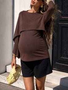 Momance Top de maternidad elegante de manga larga color marrón, cuello de chal con hombros descubiertos, ajuste ceñido, tela elástica para barriga de embarazada, estilo minimalista elegante, adecuado para uso diario y citas - Marrón - Ver 9