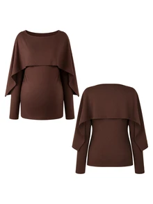 Momance Top de maternidad elegante de manga larga color marrón, cuello de chal con hombros descubiertos, ajuste ceñido, tela elástica para barriga de embarazada, estilo minimalista elegante, adecuado para uso diario y citas - Marrón - Ver 3
