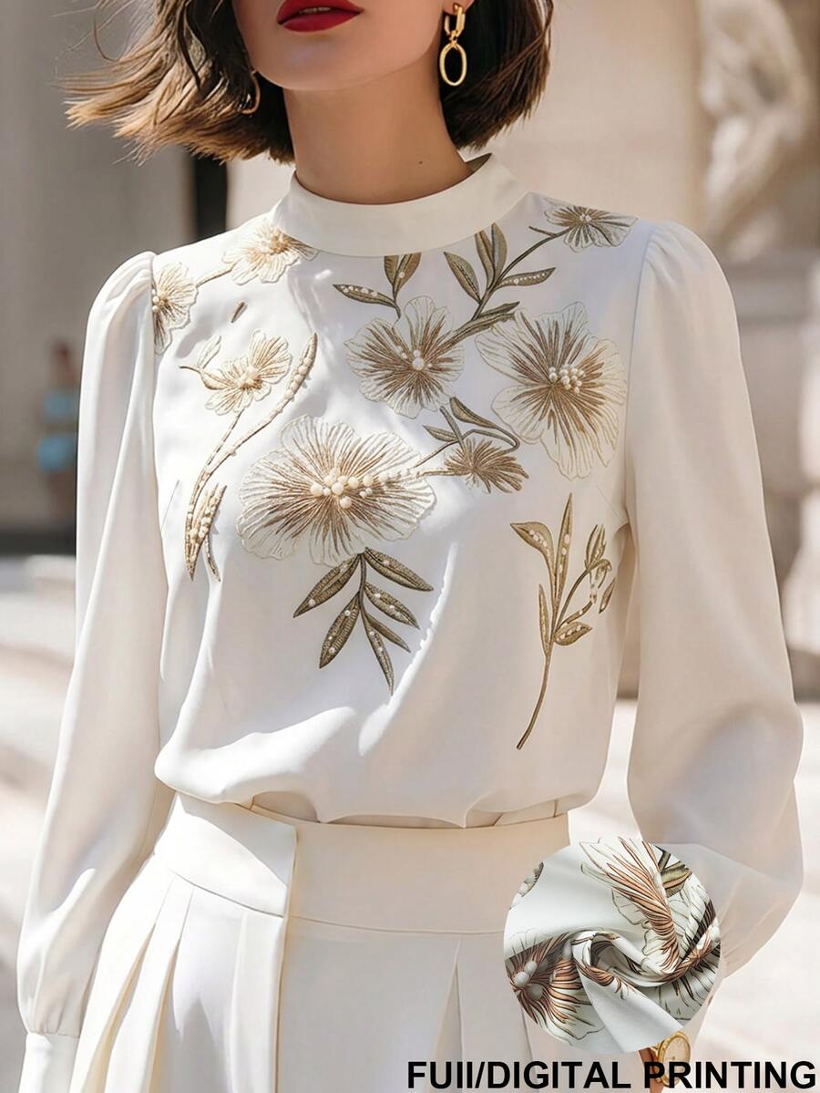 SHEIN Women's Elegant Romantic Printed Stand Collar Long Sleeve Blouse, Spring/Autumn Wedding Party Date White And Gold