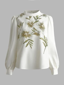 SHEIN Women's Elegant Romantic Printed Stand Collar Long Sleeve Blouse, Spring/Autumn Wedding Party Date White And Gold - Multicolor - View 4