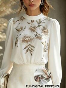 SHEIN Women's Elegant Romantic Printed Stand Collar Long Sleeve Blouse, Spring/Autumn Wedding Party Date White And Gold - Multicolor - View 8