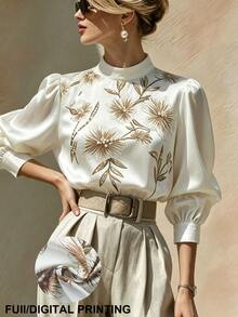 SHEIN Women's Elegant Romantic Printed Stand Collar Long Sleeve Blouse, Spring/Autumn Wedding Party Date White And Gold - Multicolor - View 6